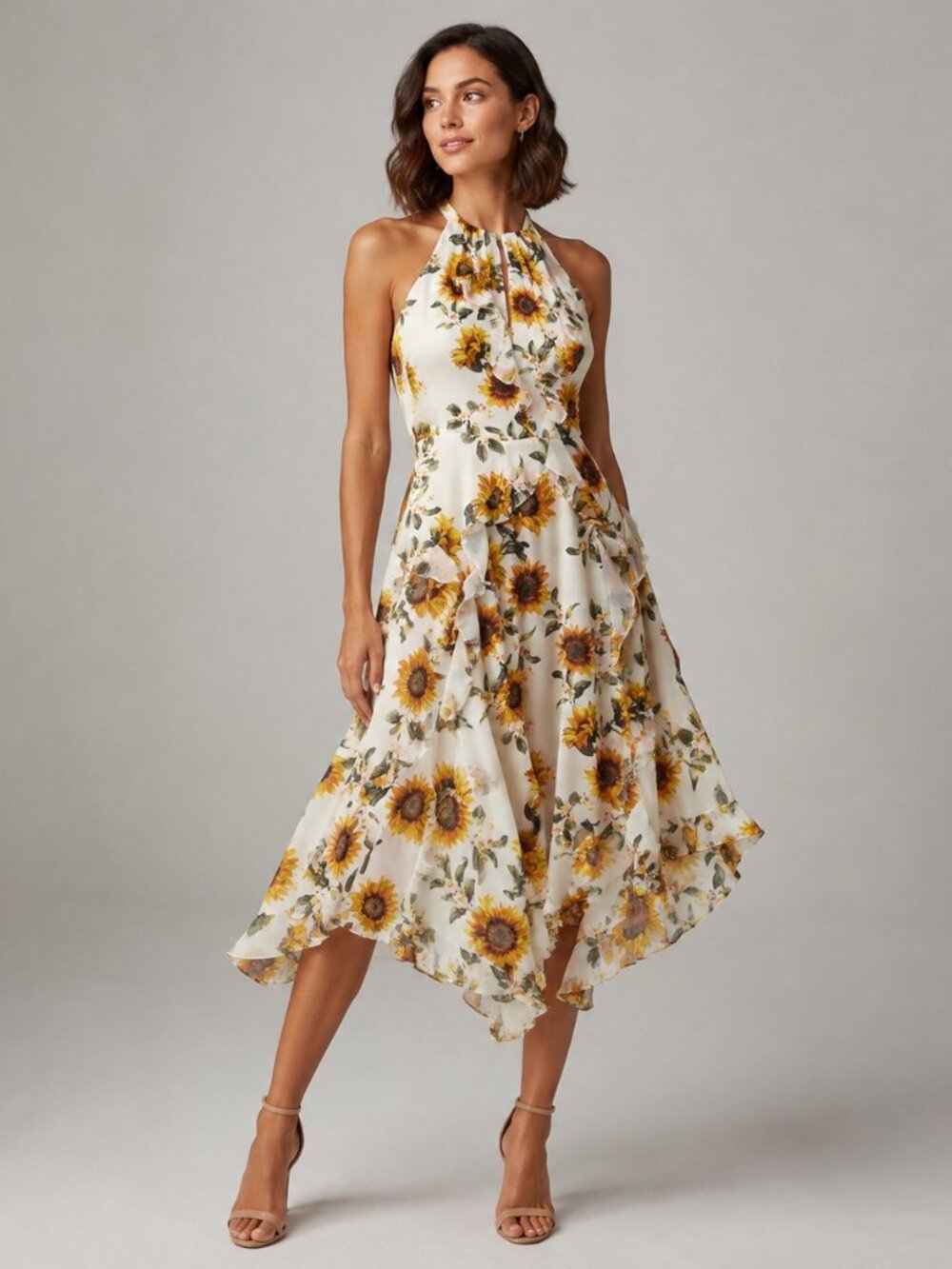 White House Black Market Sunflower Ruffle Halter High Low Maxi Dress 2 Boho Roma